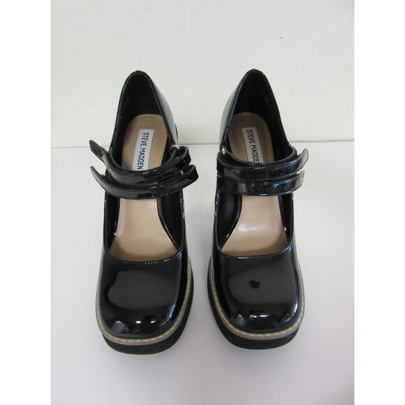 STEVE MADDEN Black Patent Twice Mary Jane Block Heels 8 M - Picture 2 of 7